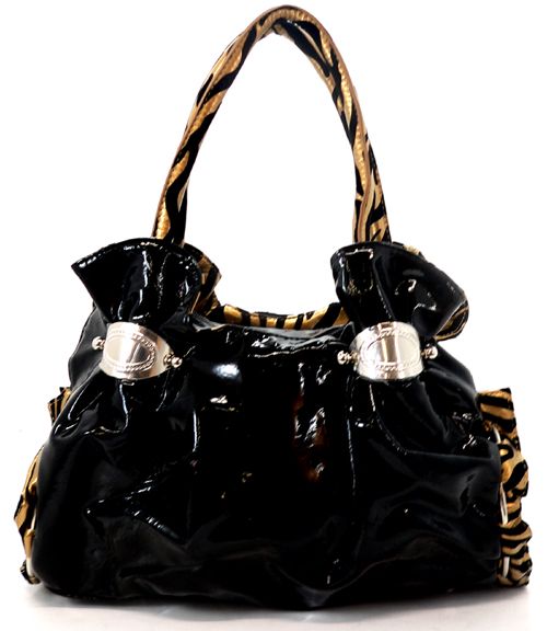 NEW RHINESTONE ZEBRA FLOWER HOBO HANDBAG PURSE BLK GOLD  