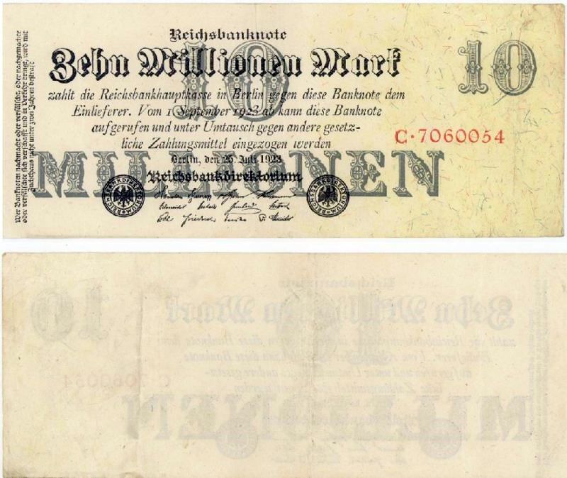 GERMANY 10 MILLION MARK P 96 XF REICHSBANKNOTE 1923  