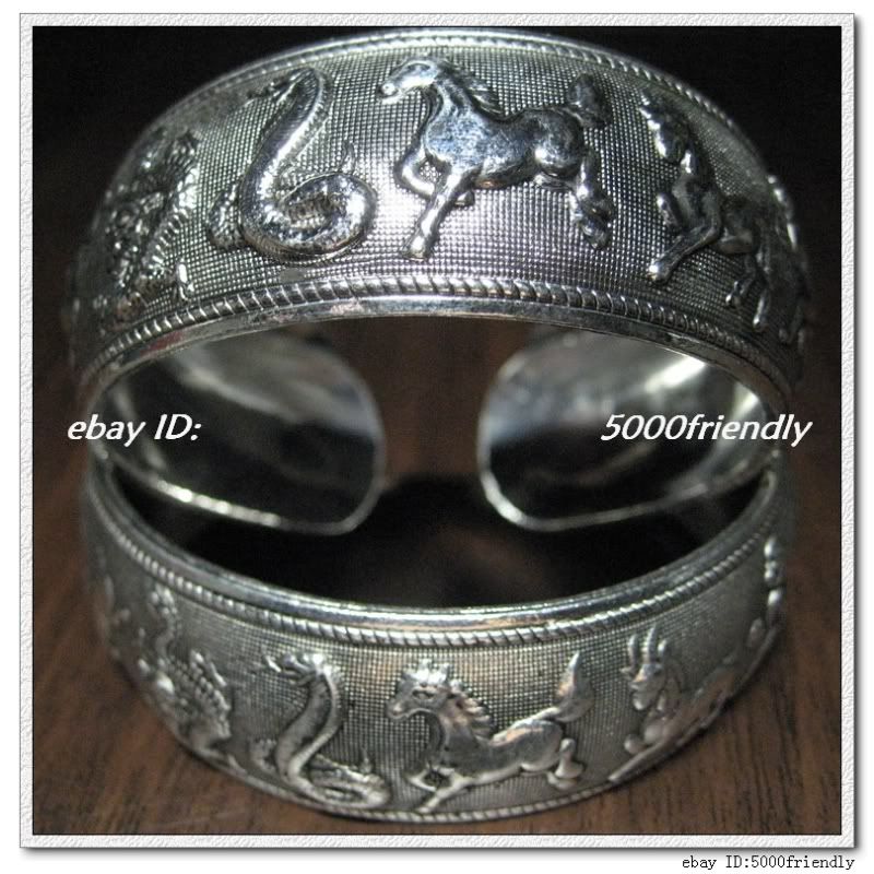 PAIR TIBET OLD SILVER 12 animal WIDTH LUCKY BRACELET  