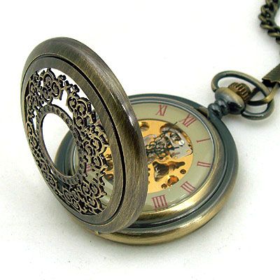 Mens Archaize Engraved Skull Mechanical Pocket Watch US  