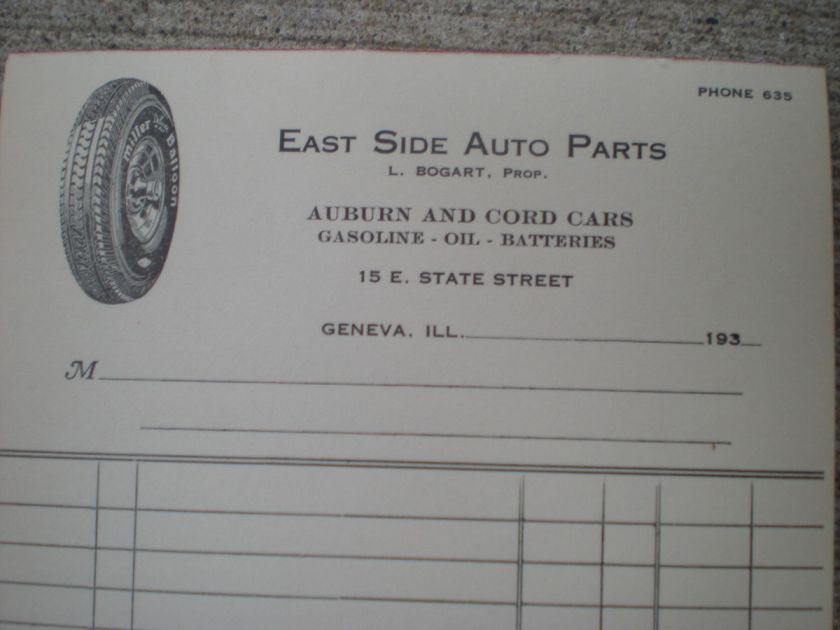 AUBURN & CORD CARS Geneva Illinois receipt c.1930  