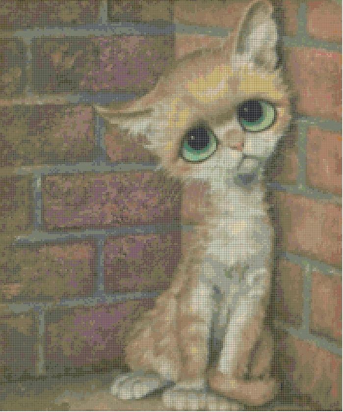 1970s Retro Poor Kitty w/ Big Eyes CrossStitch Pattern  