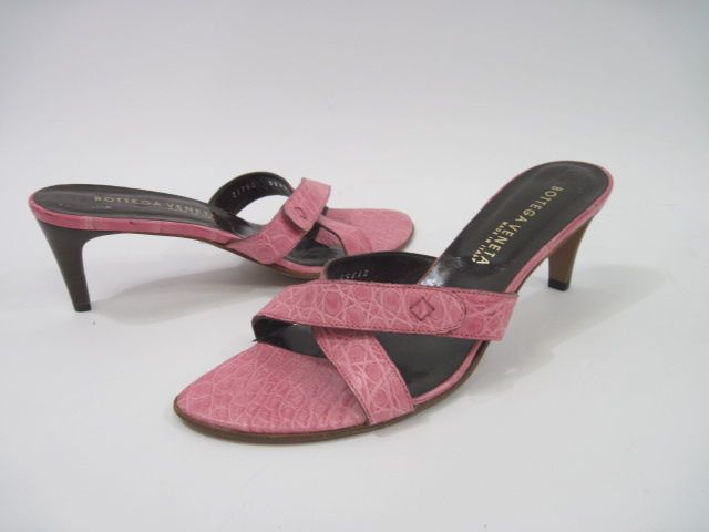 BOTTEGA VENETA Pink Crocodile Strappy Slides Pumps Sz 9  