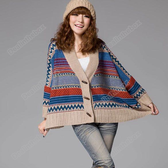 Vintage Ladies Batwing Cardigan V Neck Sweater Knitwear Jacket Coat 