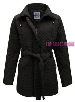 NEW WOMENS LADIES QUILTED PADDED ZIP BUTTON BELTED WINTER JACKET COAT 