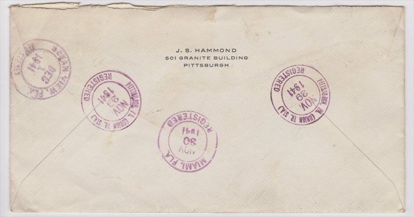 Pittsburgh to Miami Beach FL 1941 Registered Air Cover  