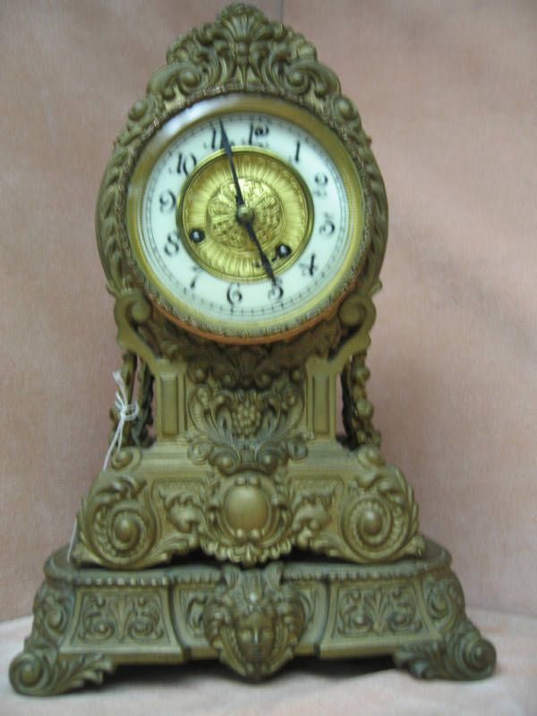 ANTIQUE METAL SHELF MANTEL CLOCK  