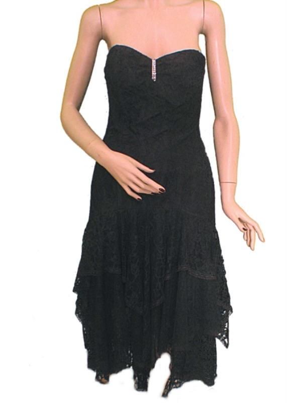 Vtg 80s Black Strapless Tulle Lace Party Prom Dress XS S Fishtail 