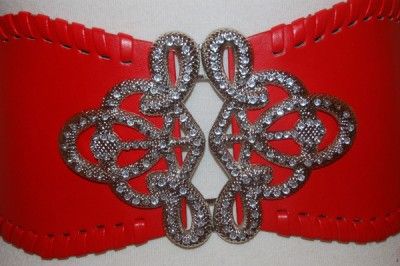 RHINESTONE WIDE DESIGNER STYLE RED CORSET CINCH BELT  