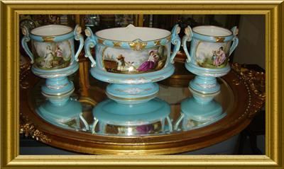 ANTIQUE SEVRES 3 PIECE PORCELAIN GARNITURE MUSEUM SET  