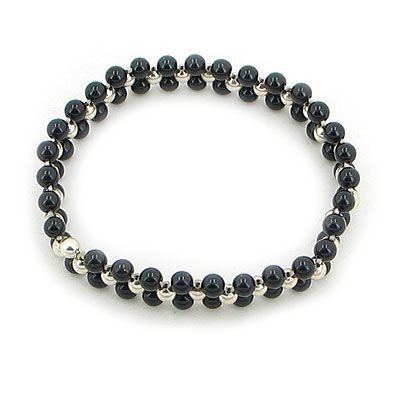 GORGEOUS Onyx Sterling Silver Bead Stretch Bracelet  