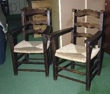 FRENCH ANTIQUE COUNTRY PAIR OF RUSH ARMCHAIRS CHAIRS  