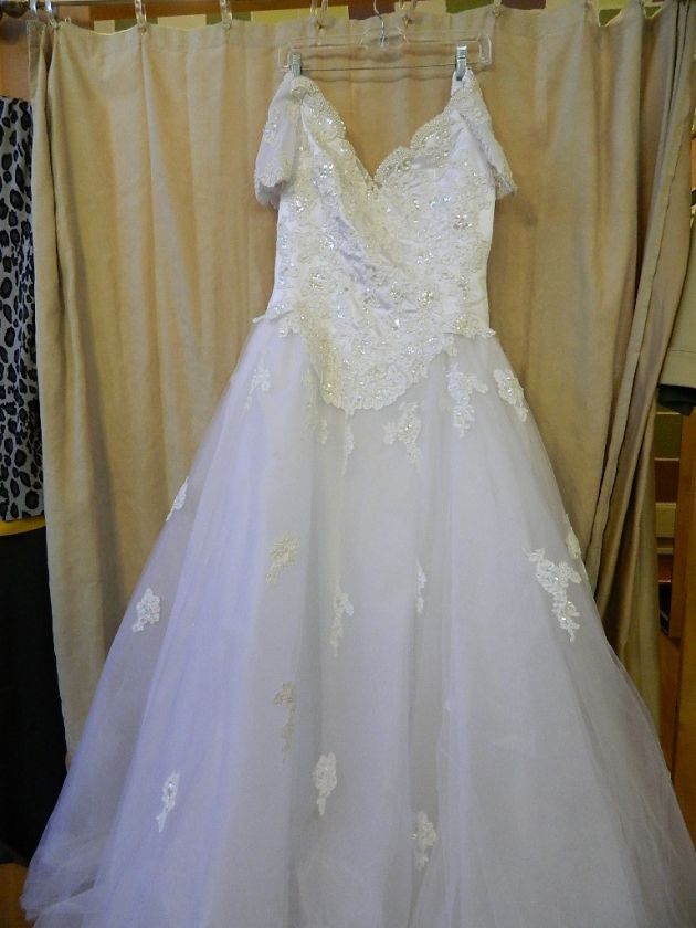 White satin and tulle beaded wedding dress  