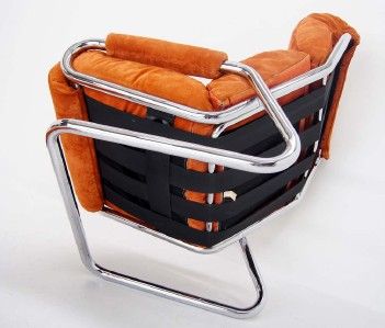Mid Century Modern Tubular Chrome Suede Upholstery Lounge Chair 