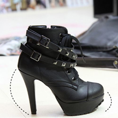 Ladies Stud Belt High Heels Platform Lace up Black Fashion ankle Boots 