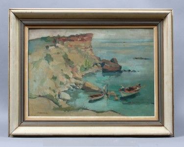 ANTIQUE GREEK IMPRESSIONIST FISHERMEN LISTED OIL PAINTING SEASCAPE 