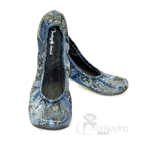 Butterfly Twists Snake Skin Pattern Ballet Pumps Flats Fold Up Shoes 