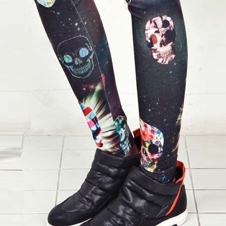 Colorful Skull Leggings with Galaxy Graphic Print Funky Rock Punk 