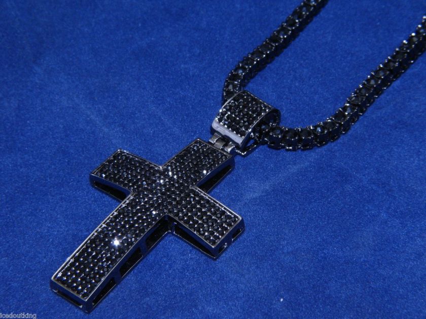 MEN 30 BLACK CZ CHAIN NECKLACE PAVE BLACK ICE 350 CZ STONE CROSS 