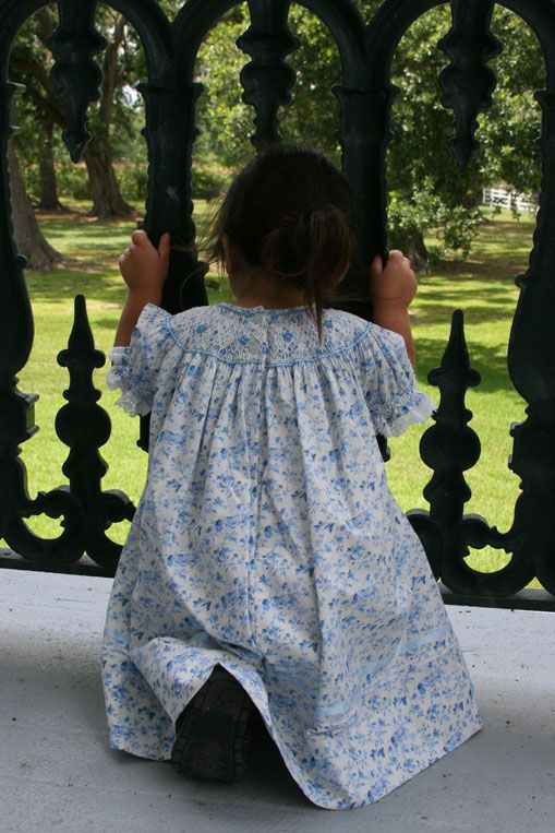 Handmade Smocked Bishop Dress blue/white print  