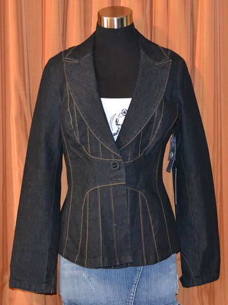 BISOU BISOU BLACK COTTON BLEND DARK DENIM JACKET COAT WOMENS LADIES 