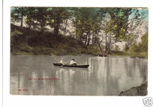 Michigan postcard Boating on Muskegon River old  