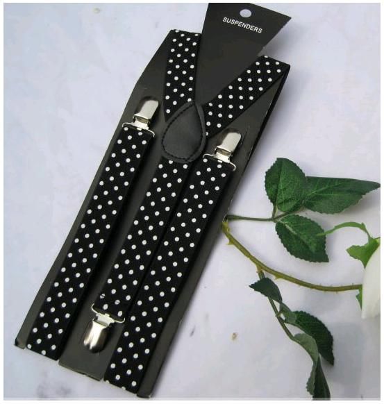 NEW BRACES Y BACK CLIP ON SUSPENDERS POLKA DOT BLACK  