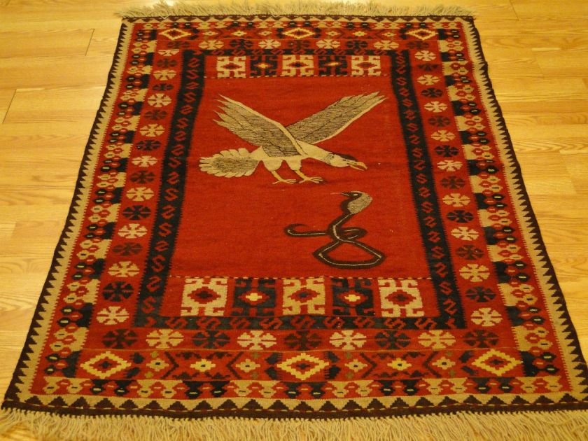 Ersari Ensi Yomut Sumac Kilim Pctorial Eagle Red rug4x6  