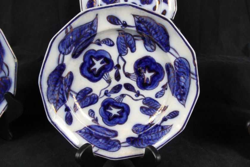   ENGLISH 1920s FLOW BLUE BRUSH STROKE OCTAGONAL GILDED FLORAL PLATES