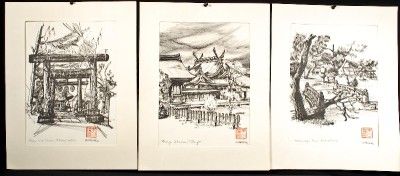 Set 3 Q. Sternberg Japanese Art Sketch Prints Shrines  