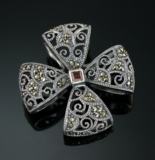 Sterling Silver Marcasite Garnet Maltese Cross Pin Pendant Slide 