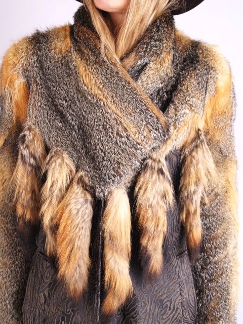   FUR Wolf Deerskin TOOLED Leather Capote FRINGE TAIL Jacket COAT  