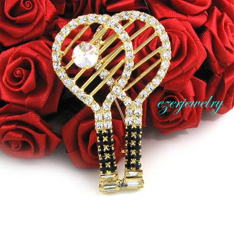 TENNIS RACKET SPORTS RHINESTONE CRYSTAL PIN BROOCH P239  