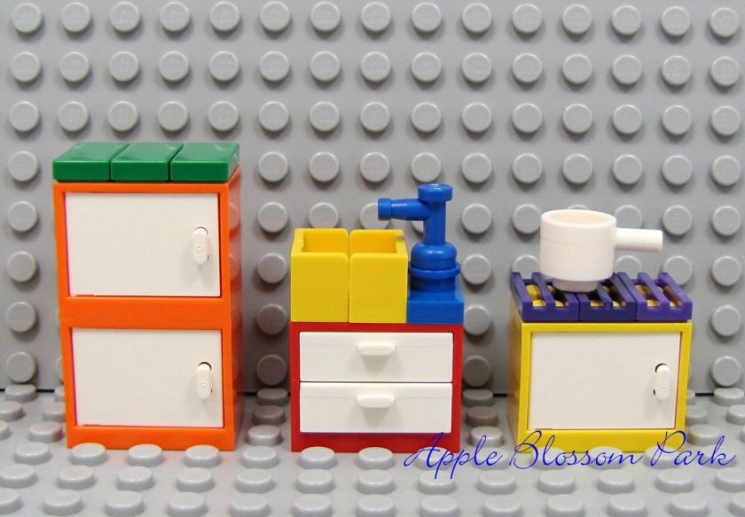   City Minifig Sized RAINBOW KITCHEN w/Sink Stove Fridge & White Pot/Pan