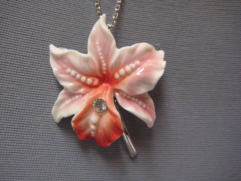 FRANZ PORCELAIN JEWELRY CATTLEYA ORCHID NECKLACE #214  