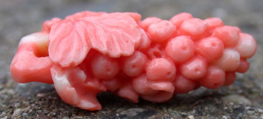 Antique Chinese Carved Coral Pendant Leaves and Grapes  