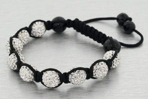 SIMULATED DIAMOND MACRAME BRACELET WHITE BEADS ICED OUT BLACK ROPE 