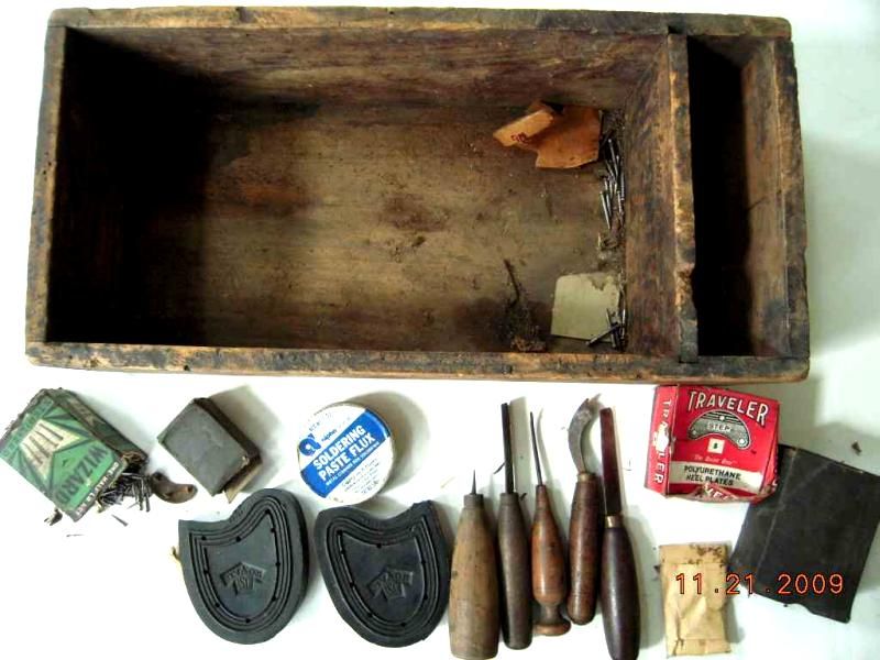 LOT antique SHOE COBBLER REPAIR KIT +WOOD BOX+TOOLS  