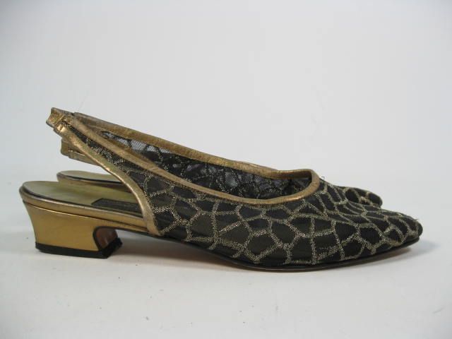 SESTO MEUCCI Gold Black Sheer Fabric Slingbacks Shoes 7  