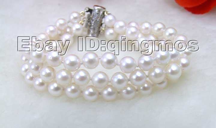 SALE AAA 6 7MM Natural AKOYA SALTWATER PEARL 3 Strands Bracelet S925 