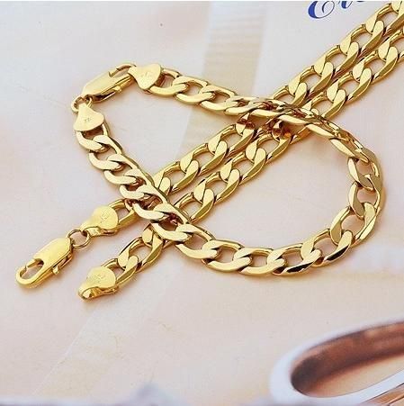   Gold Filled Mens Necklace+Bracelet Set GF Curb Chain 7mm Width  