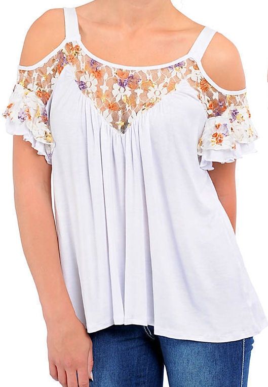 New Womens White COLD SHOULDER Floral LACE Flowy RUFFLE Top Choose 