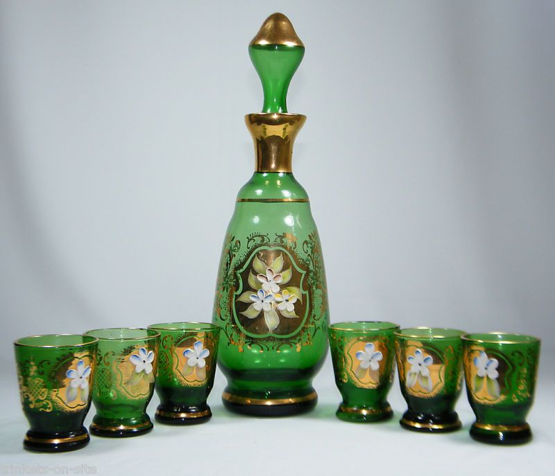 Vintage Murano Green Glass Decanter Set Raised Floral (With Label 