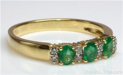 Natural Emerald & Diamond 3 Stone Anniversary Ring Set In Solid 14K 