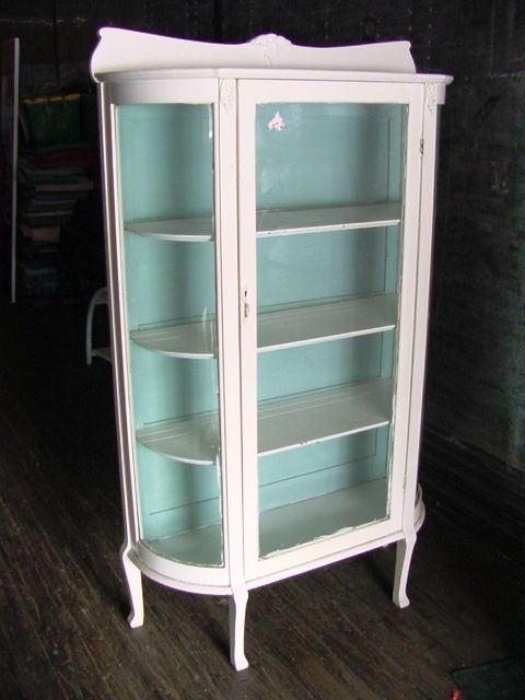 PAINTED OAK CURVED GLASS CHINA CABINET CLOSET C.1900  