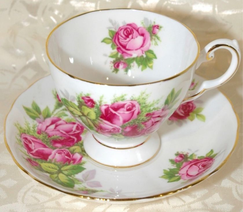 Vintage Tuscan Moss Pink Rose Tea Cup & Saucer Fine Bone China Made in 