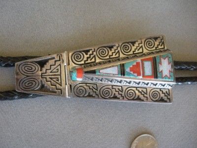 magnificent old Hopi hinged bolo tie 4 in long, inlay  