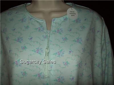 NWT MISS ELAINE SHORT ZIP FRONT KNIT ROBE AQUA FLORAL M  