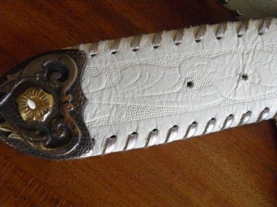 Vtg White Tooled Leather BELT Silver Gold Buckle sz M  