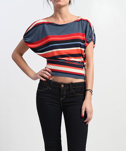 MOGAN Multi Stripe DOLMAN BELL BLOUSE TOP Casual Batwing Short Sleeve 